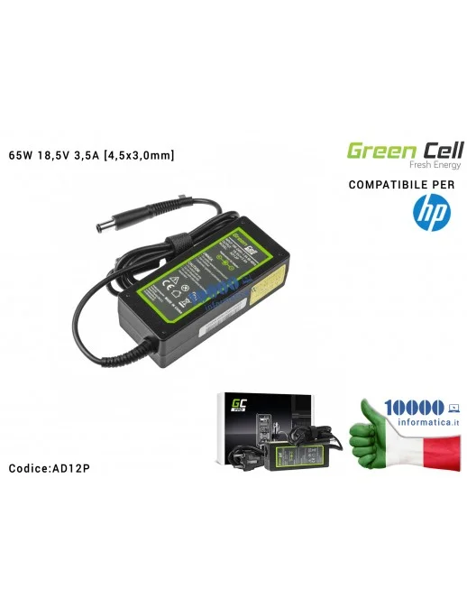 AD12P Alimentatore Green Cell PRO HP 65W 18,5V 3,5A [7,4x5,0mm] Compatibile per HP 250 G1 255 G1 ProBook 450 G2 455 G2 Compaq...