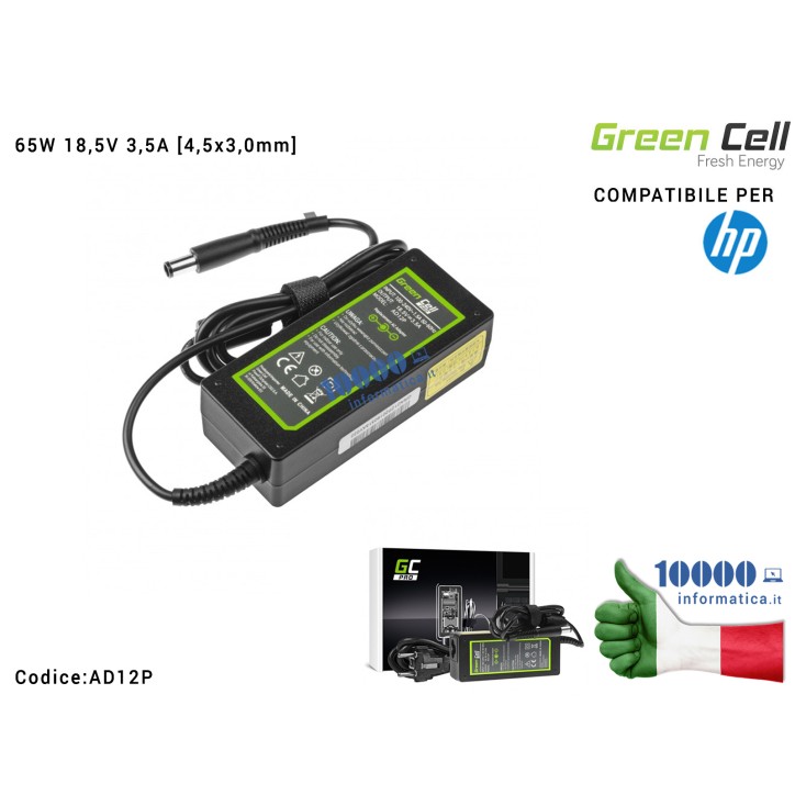 Alimentatore Green Cell PRO HP 65W 18,5V 3,5A [7,4x5,0mm] Compatibile per HP 250 G1 255 G1 ProBook 450 G2 455 G2 Compaq Presario CQ56 CQ57 CQ58 CQ60