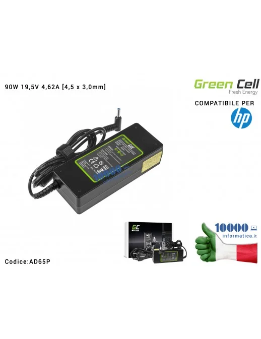 AD65P Alimentatore Green Cell 90W 19,5V 4,62A [4,5x3,0mm] Compatibile per HP Envy 15-N 15-J 15-K 17-J 17-K Pavilion 14-E 15-E...