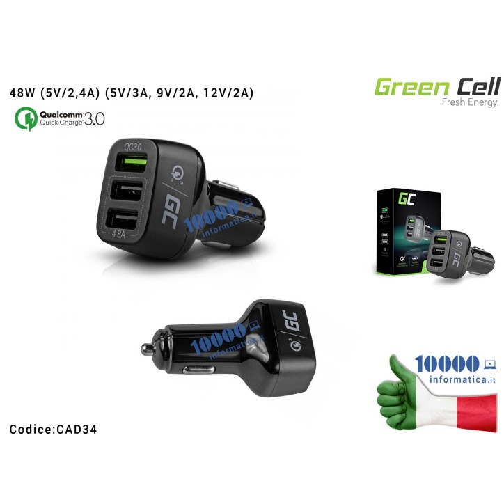 Alimentatore Green Cell per Auto 3 porte USB 48W (5V/2,4A) (5V/3A, 9V/2A, 12V/2A) Carica Batteria Universale per Macchina QC 3.0