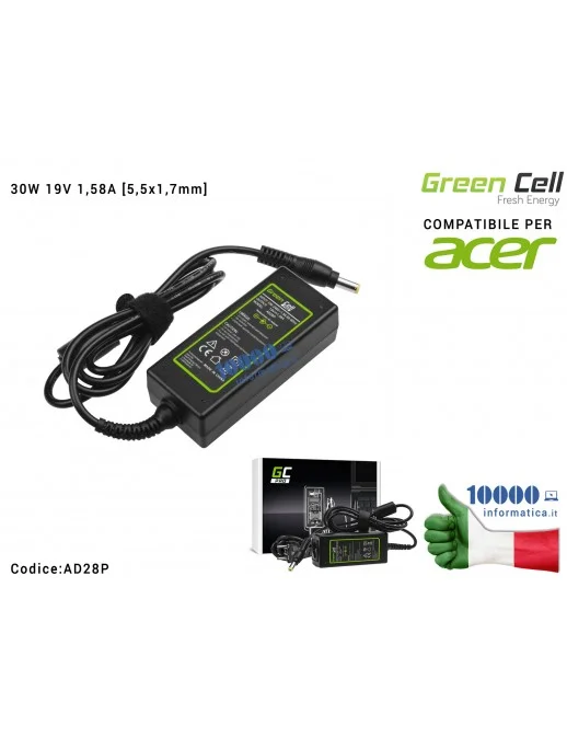 AD28P Alimentatore Green Cell PRO 30W 19V 1,58A [5,5x1,7mm] Compatibile per ACER Aspire One 521 522 531 751 752 753 756 A110 ...