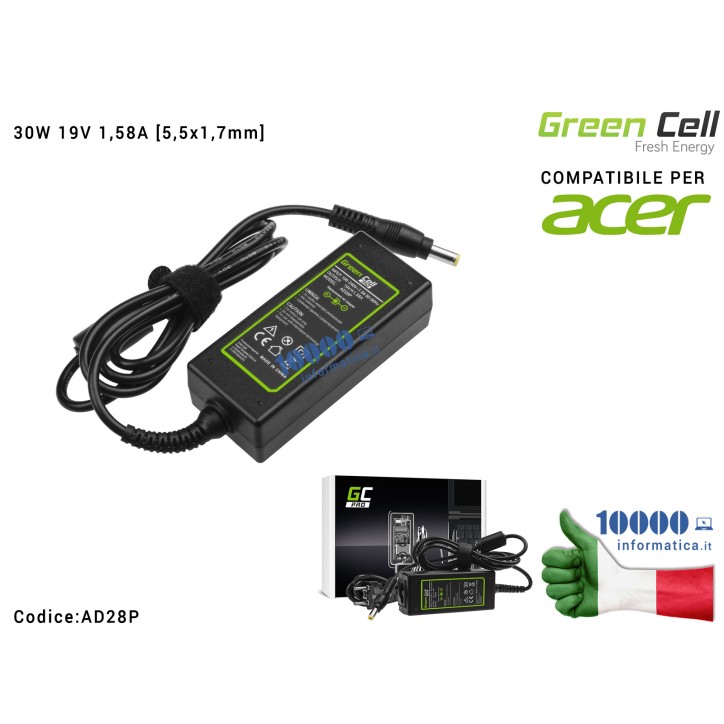 Alimentatore Green Cell PRO 30W 19V 1,58A [5,5x1,7mm] Compatibile per ACER Aspire One 521 522 531 751 752 753 756 A110 A150 D150