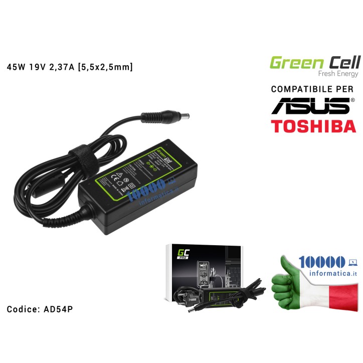 Alimentatore Green Cell PRO 45W 19V 2,37A [5,5x2,5mm] Compatibile per ASUS X450 X452 K450 X551 P450 X551C X551CA Toshiba Satelli