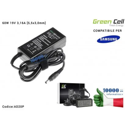 AD20P Alimentatore Green Cell PRO 60W 19V 3,16A [5,5x3,0mm] Compatibile per SAMSUNG RV511 R505 R510 R519 R520 R522 R530 R540 ...