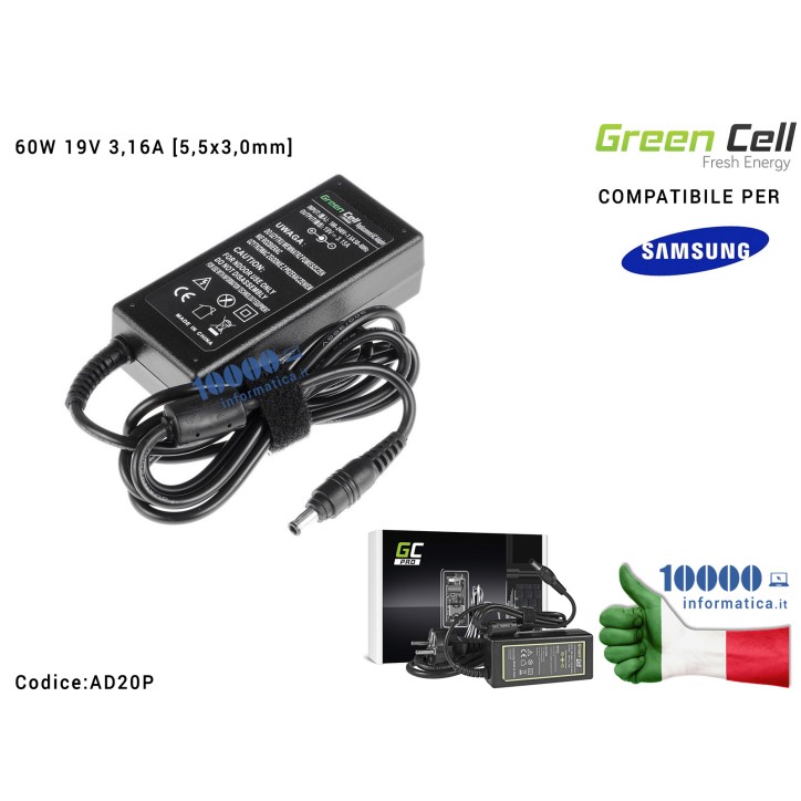 Alimentatore Green Cell PRO 60W 19V 3,16A [5,5x3,0mm] Compatibile per SAMSUNG RV511 R505 R510 R519 R520 R522 R530 R540 R580 R720