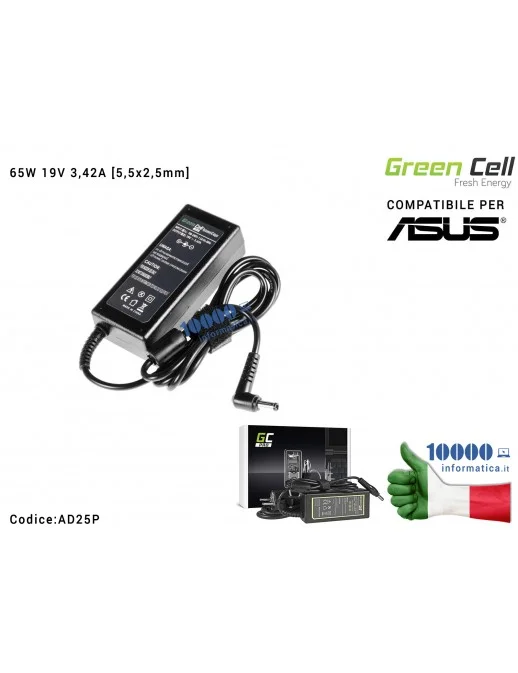 AD25P Alimentatore Green Cell PRO 65W 19V 3,42A [5,5x2,5mm] Compatibile per ASUS A53 N43 N53 K50 K53 K55 K73 K75 K95 X53 TOSH...
