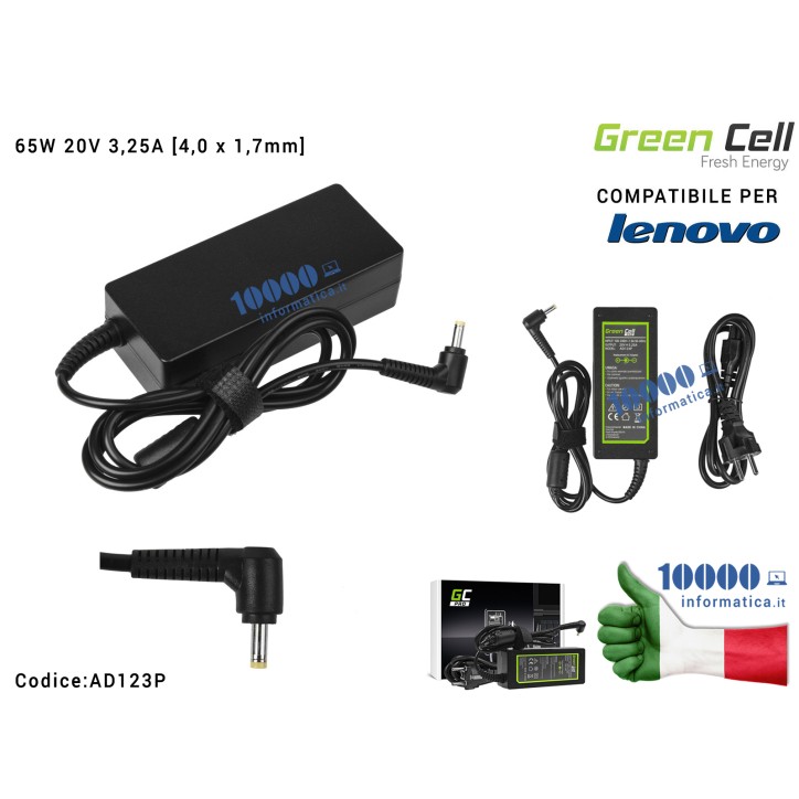 Alimentatore Green Cell PRO 65W 20V 3,25A [4,0 x 1,7mm] Compatibile per LENOVO IdeaPad 320s 330 330s 520 520s 530s S530 V110 V14