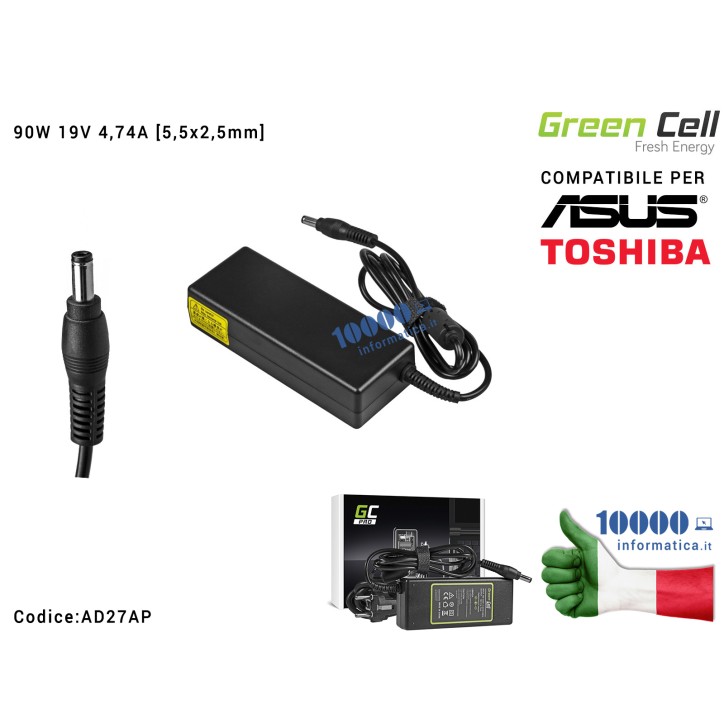 Alimentatore ASUS 90W 19V 4,74A [5,5x2,5mm] Green Cell PRO Compatibile ASUS A53 N43 N53 K50 K53 K55 K73 K75 K95 X53 TOSHIBA Sate