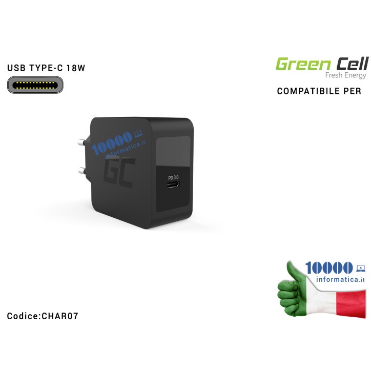 Alimentatore Green Cell USB-C 18W SAMSUNG Galaxy S8 + S9 + Note 8 APPLE iPhone 13 12 11 / 11 Pro / Xs / XR / X / 8 / 8 Plus Nint