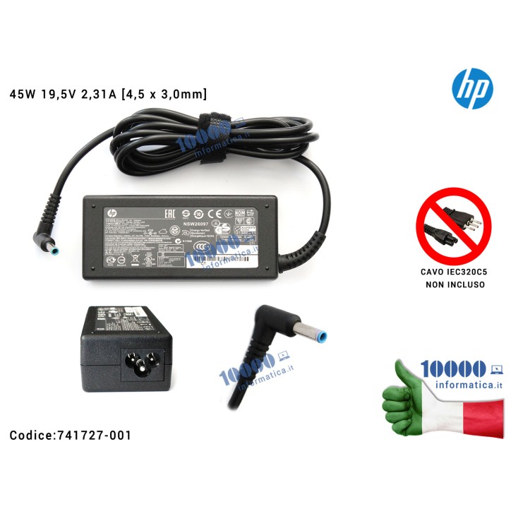 Alimentatore HP 45W 19,5V 2,31A [4,5 x 3,0mm] 741727-001 Envy 14-ac 14-d 15-ac 15-af 15-d 15-f 15-g 15-r 15-n 15-p 250 G2 255 G3