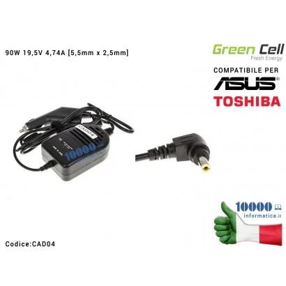 CAD04 Alimentatore per AUTO Green Cell 90W 19,5V 4,74A [5,5x2,5mm] ASUS K50 K60 K70 K52 TOSHIBA Satellite A200 L350 A300 A500...