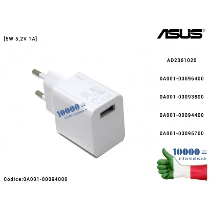 0A001-00094000 Alimentatore USB ASUS [5W 5,2V 1A] (BIANCO) AD2061020 ZenFone Go G500KL ZB500KG (X00BD) ZB500KL (X00AD) Live Z...