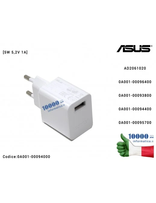 0A001-00094000 Alimentatore USB ASUS [5W 5,2V 1A] (BIANCO) AD2061020 ZenFone Go G500KL ZB500KG (X00BD) ZB500KL (X00AD) Live Z...