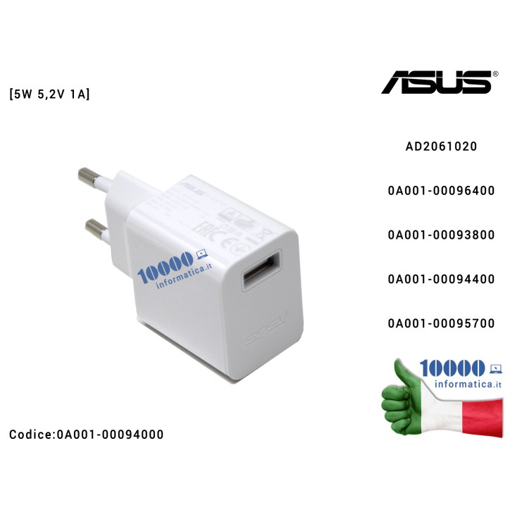 Alimentatore USB ASUS [5W 5,2V 1A] (BIANCO) AD2061020 ZenFone Go G500KL ZB500KG (X00BD) ZB500KL (X00AD) Live ZB501KL (A007) 3 Laser (ZC551KL) Live L1 ZA550KL G552KL G553KL 4 Selfie ZB553KL (X00LDA)