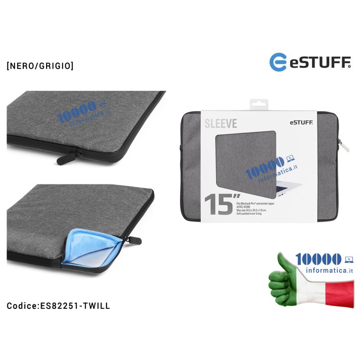Borsa per Notebook 15" eSTUFF Apple MacBook Pro A1398 A1707 [NERO/GRIGIO] Custodia Sleeve Fits con morbida fodera interna imbott