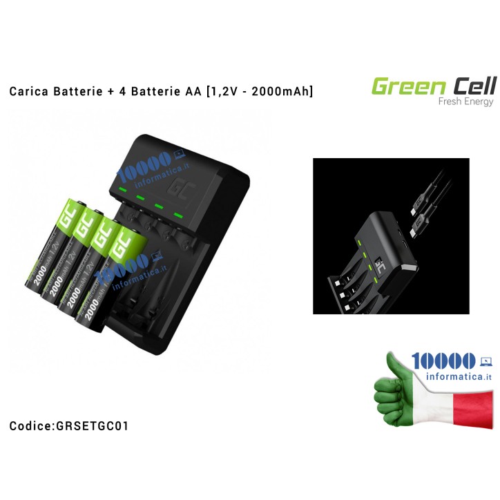 Carica Batterie Universale AA/AAA (MicroUSB e USB-C) GC VitalCharger + 4 Batterie Stilo AA Ricaricabili Green Cell Ni-MH [1,2V -