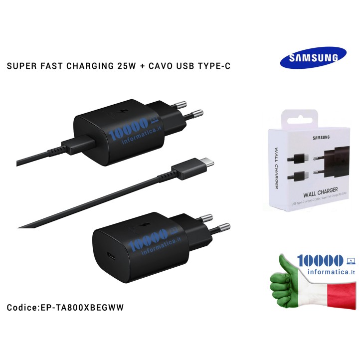 Caricabatterie USB-C [25W] SAMSUNG (NERO) + Cavo TYPE-C EP-TA800EBE (BLISTER) Galaxy Note 10 S10 5G S20 + S20 Ultra Note 20 A70 A80 GH44-03053A GH39-02077A EP-DN980BBE