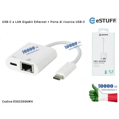 ES623006WH Cavo Adattatore eSTUFF da USB-C a LAN RJ45 10/100/1000 Gbps Gigabit Ethernet + Porta di ricarica USB-C [BIANCO] Ch...