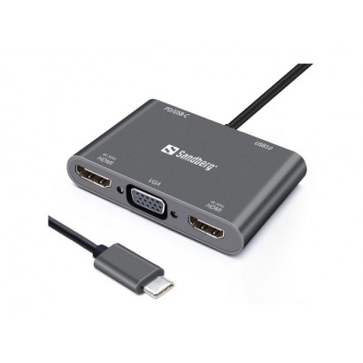 136-35 Sandberg USB-C Dock 2xHDMI+1xVGA+USB+PD