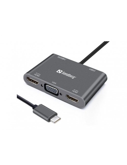 136-35 Sandberg USB-C Dock 2xHDMI+1xVGA+USB+PD