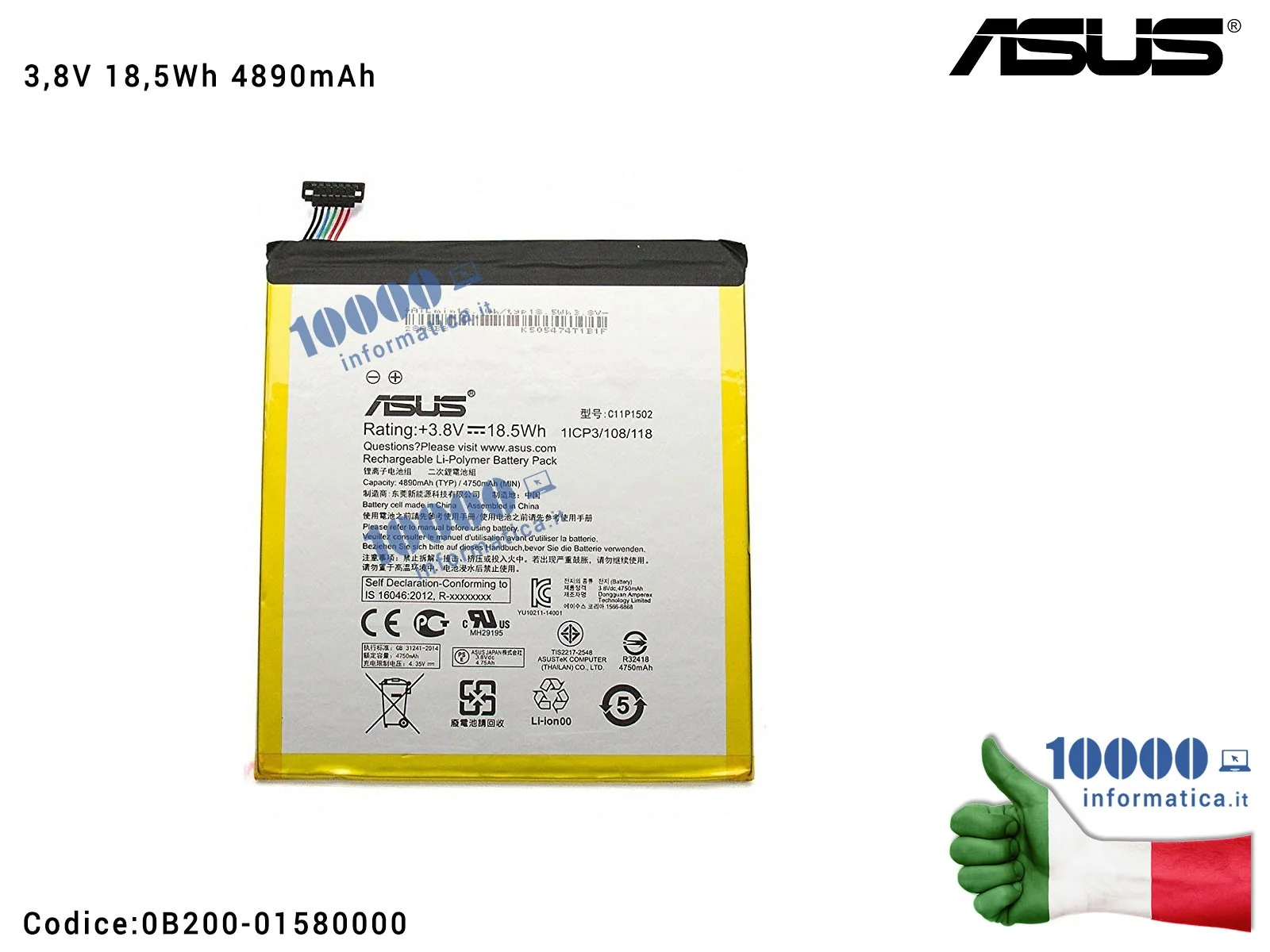 0B200-01580000 Batteria C11P1502 ASUS ZenPad 10 Z300C (P023) Z300CG Z300CL ZD300CG [3,8V 18,5Wh 4890mAh] 1ICP3/108/118