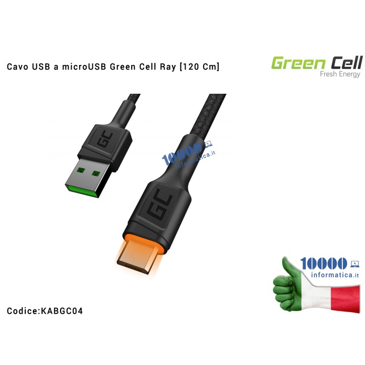 Cavo microUSB Green Cell Ray [120 cm] con retroilluminazione a LED arancio e supporto di ricarica rapida Ultra Charge QC3.0