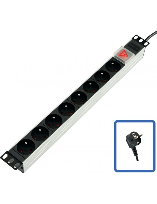 TUPS031 Lanview 19" rack mount power strip, 1U, 2m, 10A, with 8 x French Type E schuko socket TUPS031