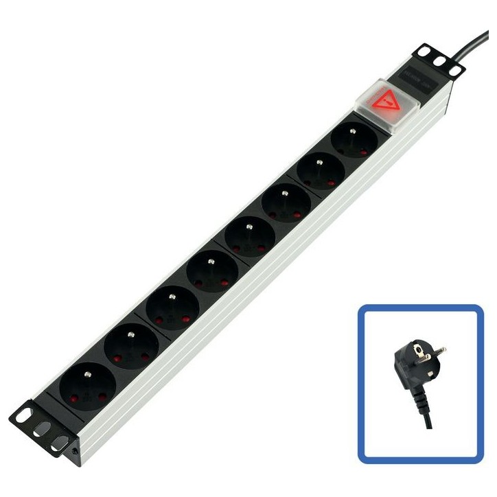TUPS031 Lanview 19" rack mount power strip, 1U, 2m, 10A, with 8 x French Type E schuko socket TUPS031