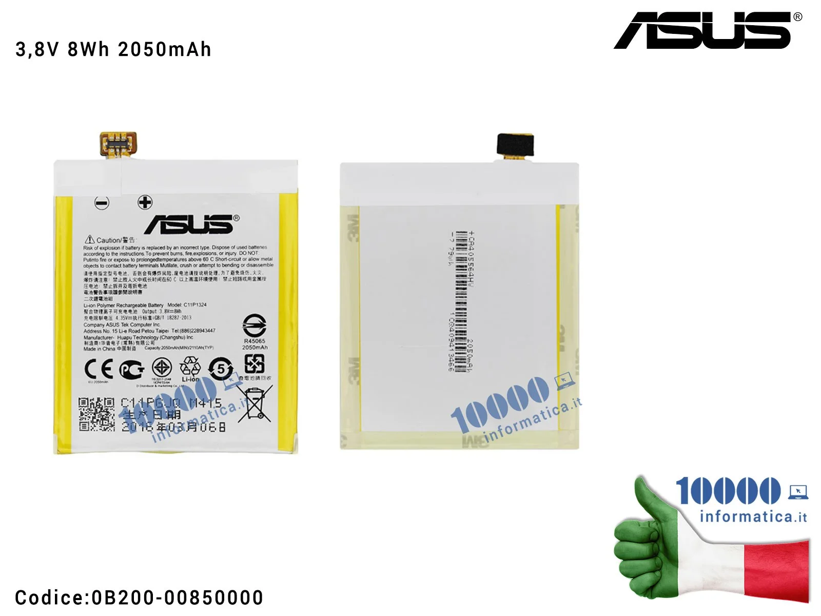 0B200-00850000 Batteria C11P1324 ASUS ZenFone 5 A500CG (T00F) A501CG (T00J) A500KL (T00P) [3,8V 8Wh 2050mAh]