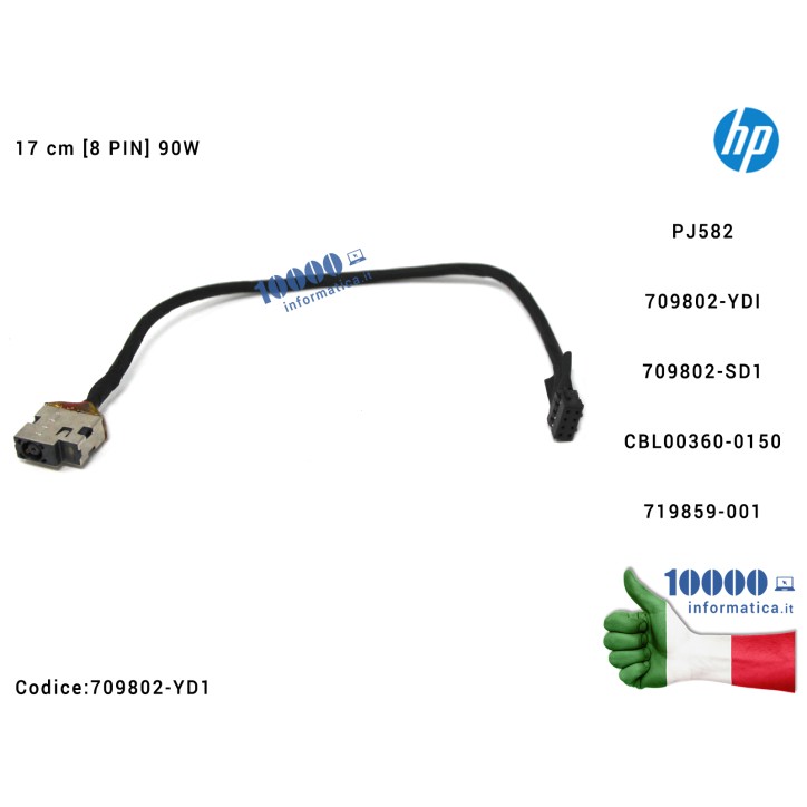 Connettore di Alimentazione DC Power Jack PJ582 HP Pavilion 15e 17e 15-J 15-J030US 15-J031NR 15-J032 (17 cm) [8 PIN] (90W) 709802-SD1 CBL00360-0150 719859-001