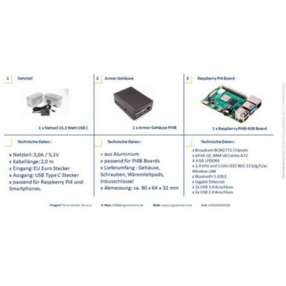 SI-RPI4B-ARMOR 4GB Raspberry Pi 4B ARMOR 4GB KIT V . Basic kit with Powr adapter case and board