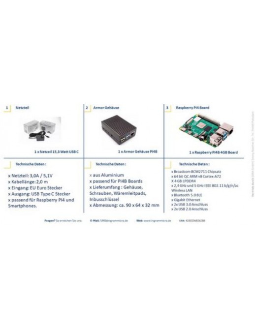 SI-RPI4B-ARMOR 4GB Raspberry Pi 4B ARMOR 4GB KIT V . Basic kit with Powr adapter case and board