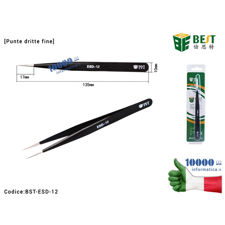 Pinzetta di Precisione Antistatica BEST ESD-12 Anti-magnetica [Punte dritte fine] Scheda Madre Notebook Smartphone Tablet BGA PC