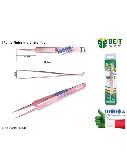 BST-14C Pinzetta di Precisione BEST BST-14C [Punte Finissime Dritte] Anti-acid Tipped Stainless Steel Tweezer Fine Pointed Ti...