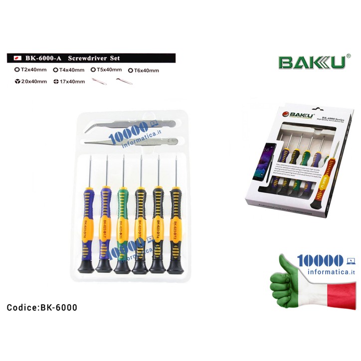 Set 6 pezzi Cacciaviti 2 Pinzette di Precisione BAKU BK-6000 Esagonali Torx mini Stella Kit Atrezzi per Riparazione Cellulari fa