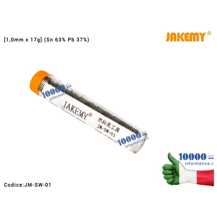 JAKEMY SOLDER WIRE JM-SW-01 BOBINA FILO DI STAGNO SPESSORE 1mm Stagno JACKEMY JM-SW-01 [1,0mm x 17g] (Sn 63% Pb 37%) Tubetto per Saldature Rotolo Saldatura Solder Tube Dispenser Soldering Wire