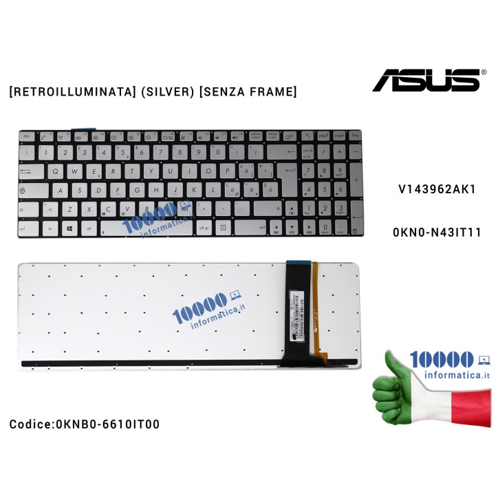 Tastiera Italiana ASUS N56 N56V N56DP N56DY N56JK N56JN N56JR N56VB N56VJ [RETROILLUMINATA] (SILVER) [SENZA FRAME] V143962AK1 0K