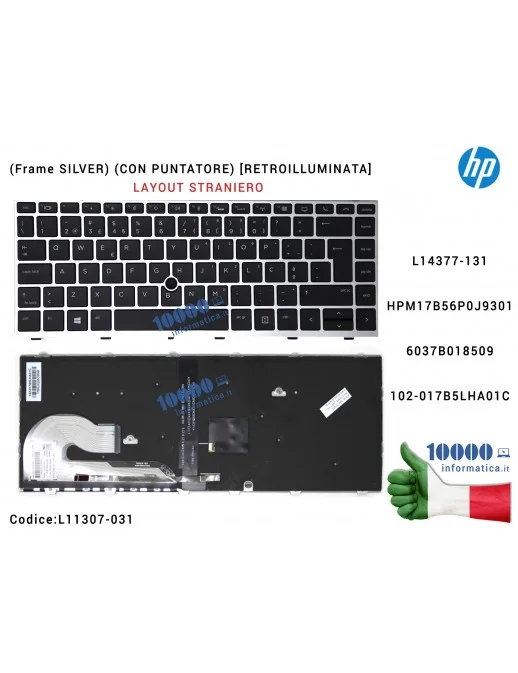 L11307-031 Tastiera Inglese Retroilluminata HP EliteBook 745 G5 840 G5 846 G5 840 G6 846 G6 (Frame SILVER) (CON PUNTATORE) L1...