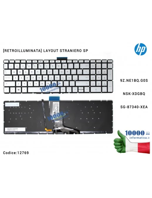 12769 Tastiera HP Pavilion 15-BR 15-BS 15-BW 250 G6 255 G6 TPN-C129 TPN-C130 [LAYOUT SPAGNOLO] Retroilluminata 9Z.NE1BQ.G0S N...