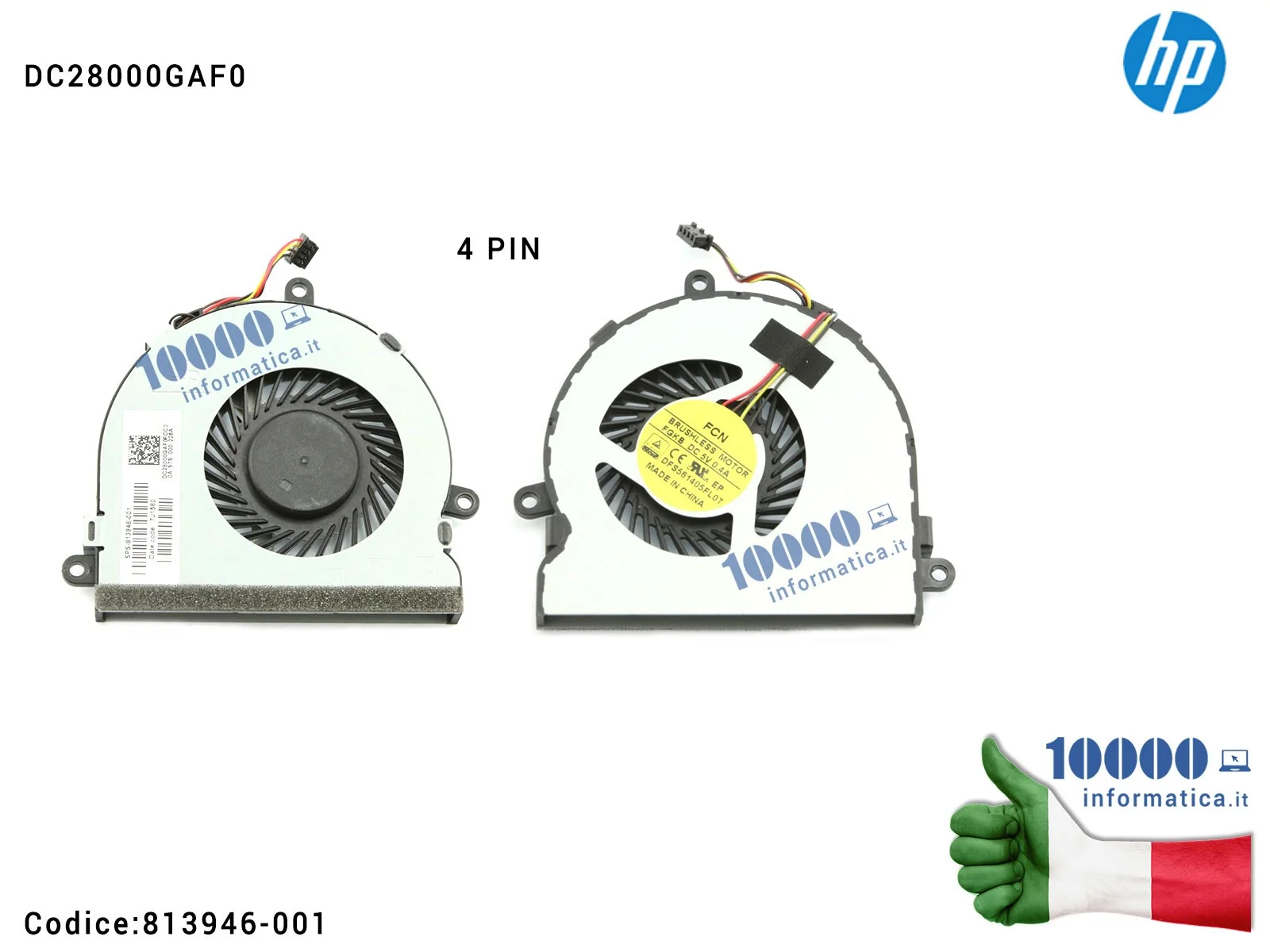 813946-001 Ventola di Raffreddamento Fan CPU [4 PIN] HP 255 G5 255 G4 250 G5 250 G4 15-BA 15-AC 15-AF 15-AY 15-BS TPN-C116 TP...