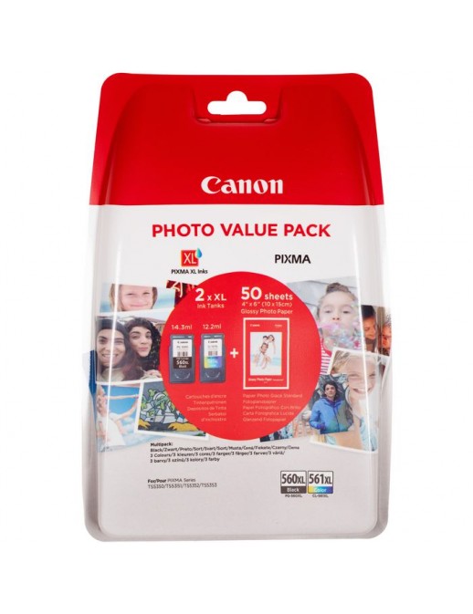 3712C004 3712C004 Canon Pg-560Xl Black And Cl-561Xl Colour Ink Cartridge + Photo Paper Value Pack