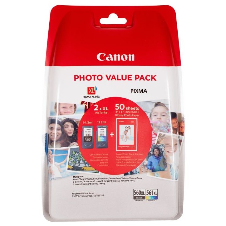 3712C004 Canon PG-560XL Black and CL-561XL Colour Ink Cartridge Photo Paper Value Pack 1