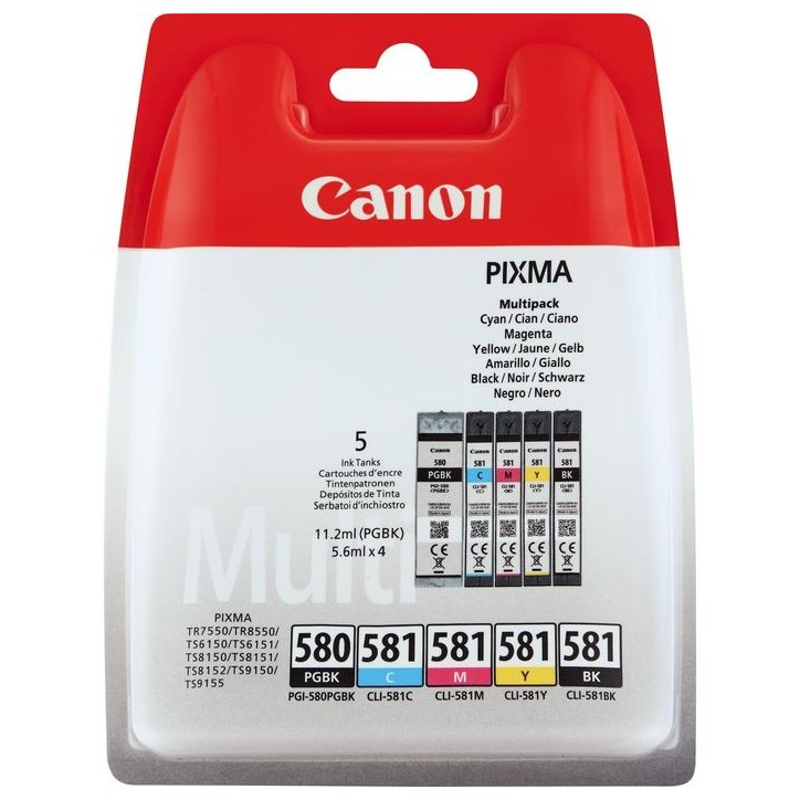 2078C005 Canon PGI-580BK/CLI-581 BK/C/M/Y Pigment Ink Cartridge Multi Pack 2