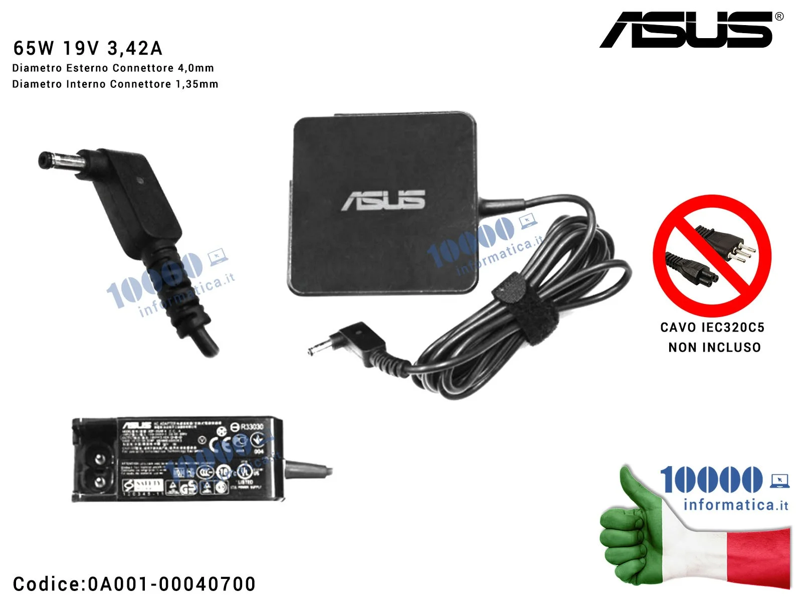 0A001-00040700 Alimentatore ASUS 65W 19V 3,42A [4,0 x 1,35 mm] (SENZA PLUG) ZenBook UX32V UX32VD UX302L UX302LA UX21A UX31A U...