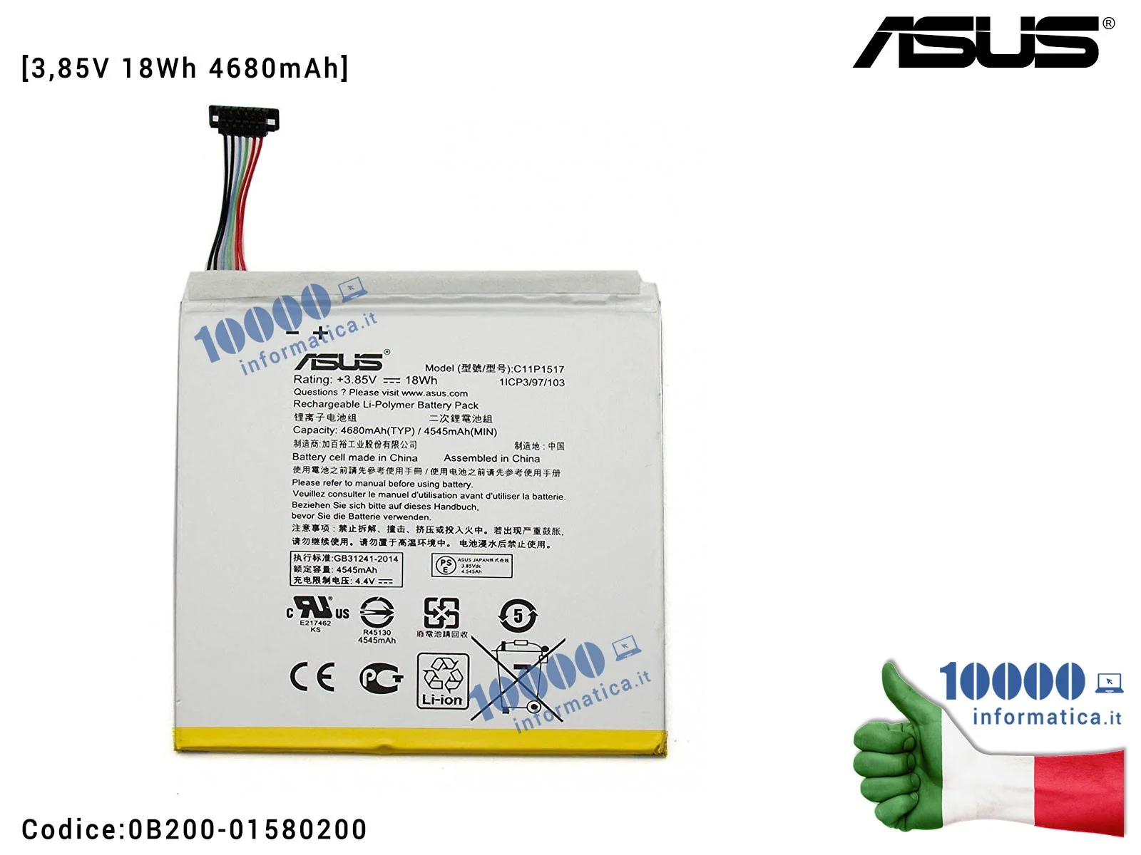 0B200-01580200 Batteria C11P1517 ASUS ZenPad 10 Z300M (P00C) Z300CNL (P01T) Z0310M Z301ML ZD301MFL Z301M (P028) Z301MF [3,85V...