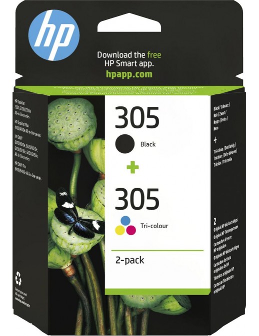 6ZD17AE301 HP 305 2-Pack Tri-Color/Black Original Ink Cartridge