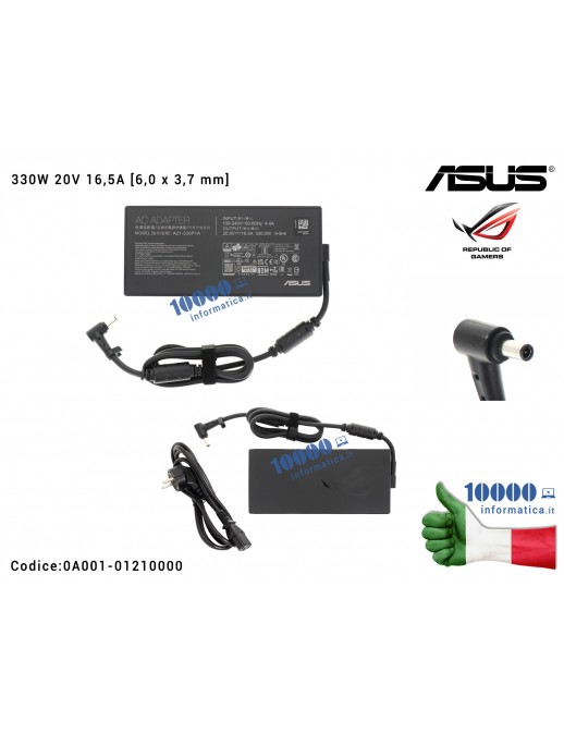 Alimentatore ASUS 330W 20V 16,5A [6,0 x 3,7 mm] ASUS ROG Strix SCAR 18 G834JYR CM3200FVA A5400WFAK GL702ZC 17 SE G733CX Flow X13 GV301RA GV301RE Zephyrus Duo 16 GX650RX 0A001-01210000 0A001-01210200 0A001-01210300 0A001-01210400 0A001-01210600 A21-330P1A