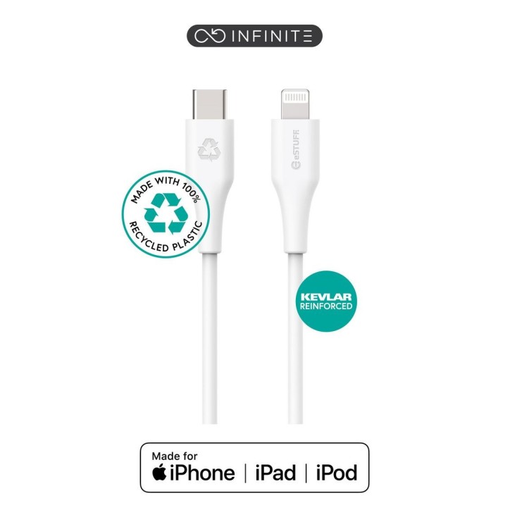 ES602270 eSTUFF INFINITE Super Soft USB-C to Lightning Cable 2m White - 100% Recycled PVC Free Plastic IPLH-452, ES602201, MKQ42