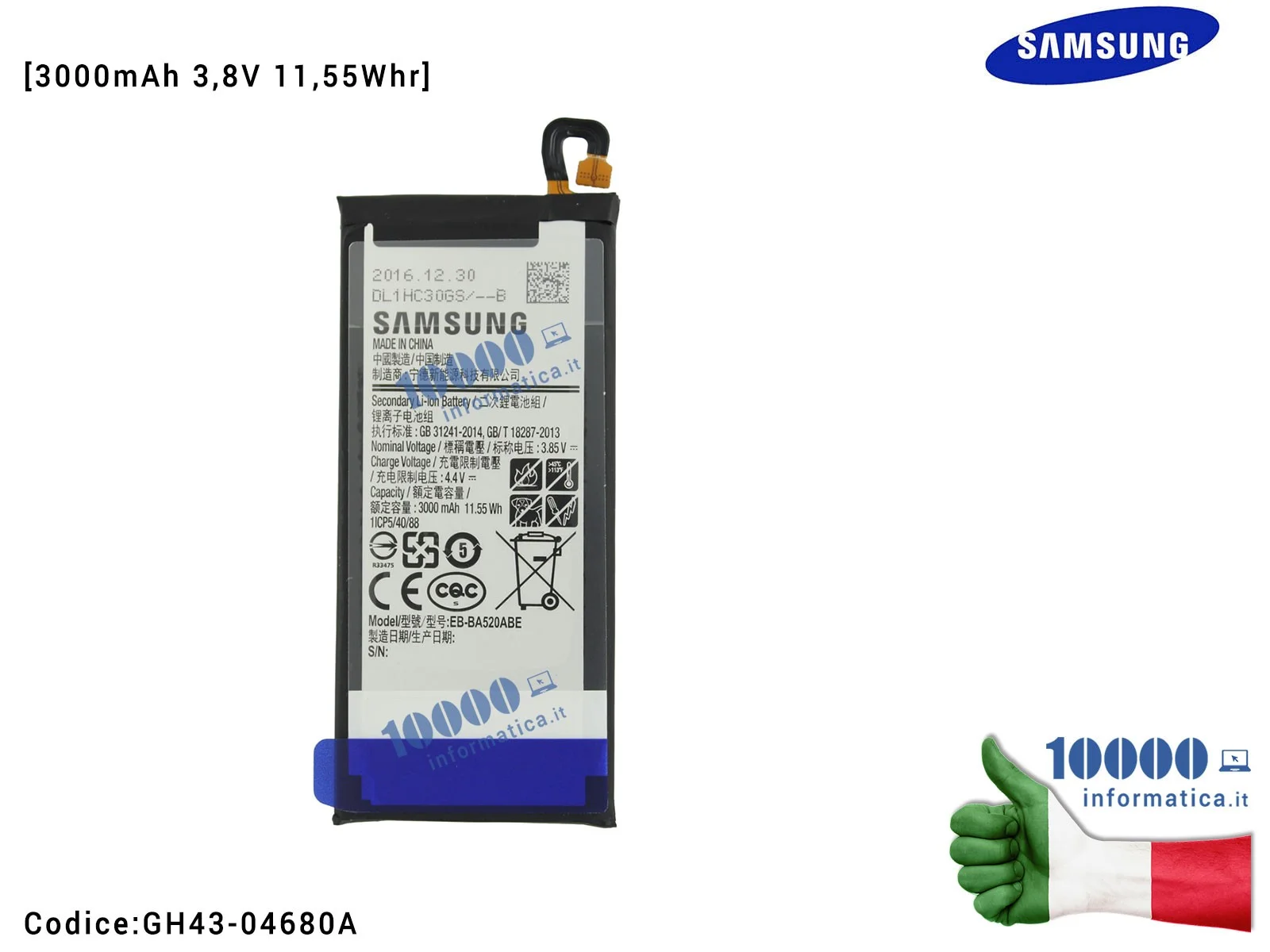 GH43-04680A Batteria EB-BA520ABE SAMSUNG Galaxy A5 (2017) SM-A520F A520F Galaxy J5 (2017) SM-J530 J530 [3000mAh 3,85V 11,55Wh...
