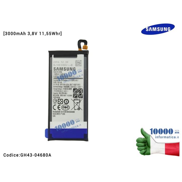 Batteria EB-BA520ABE SAMSUNG Galaxy A5 (2017) SM-A520F A520F Galaxy J5 (2017) SM-J530 J530 [3000mAh 3,85V 11,55Whr] 1ICP5/40/88